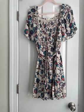 Smocked Floral Short Dress in Cream with Blue & Rust Accents